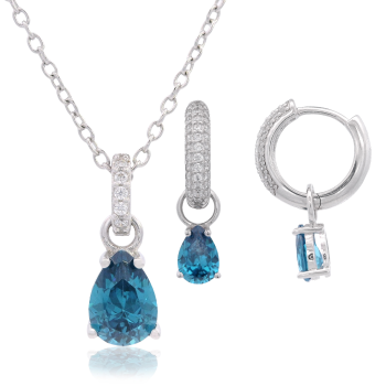 Georgini Wisteria Duo Pear Earrings and Pendant Blue Topaz Cz Silver